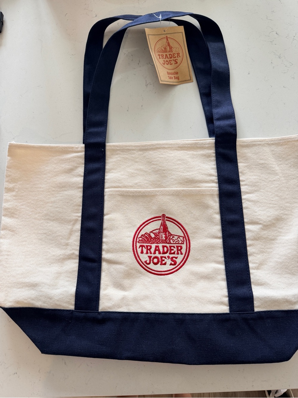 Trader Joe's Large Canvas Tote Bag in Navy and Cream